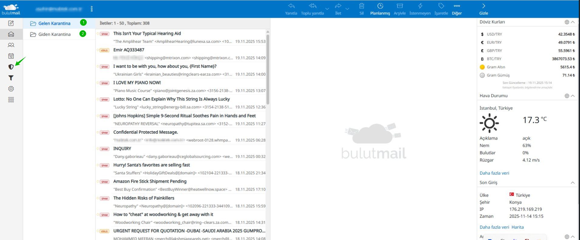 BulutMail gelen giden karantina ekranı